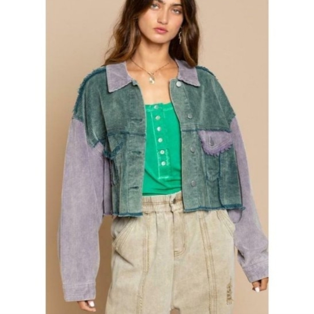 POL Green Jacket Women's Cropped Colorblock Corduroy Button-Up Size Med
